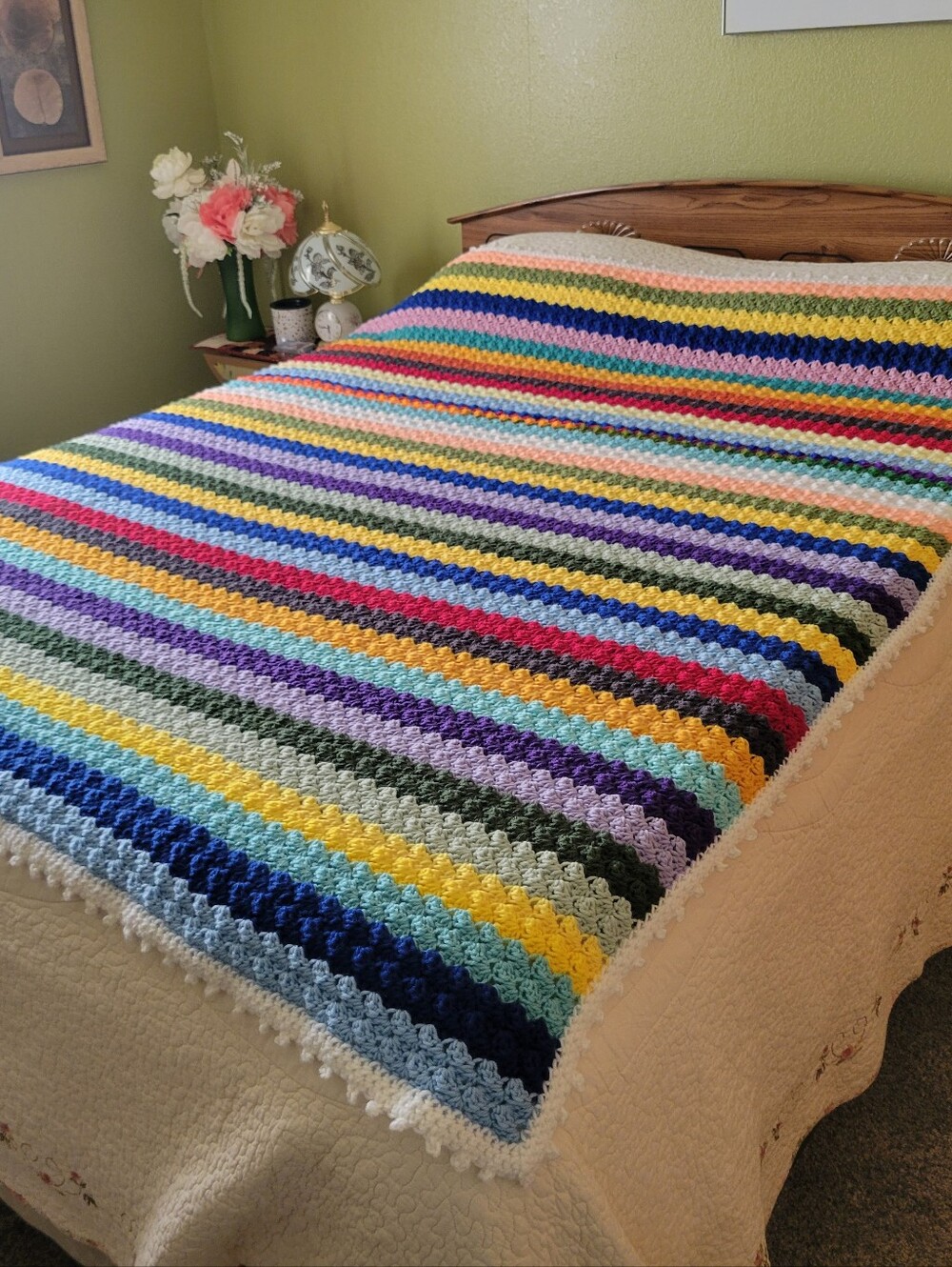 Handcrafted Multicolor Striped Crochet Bed Throw - Bright Rainbow